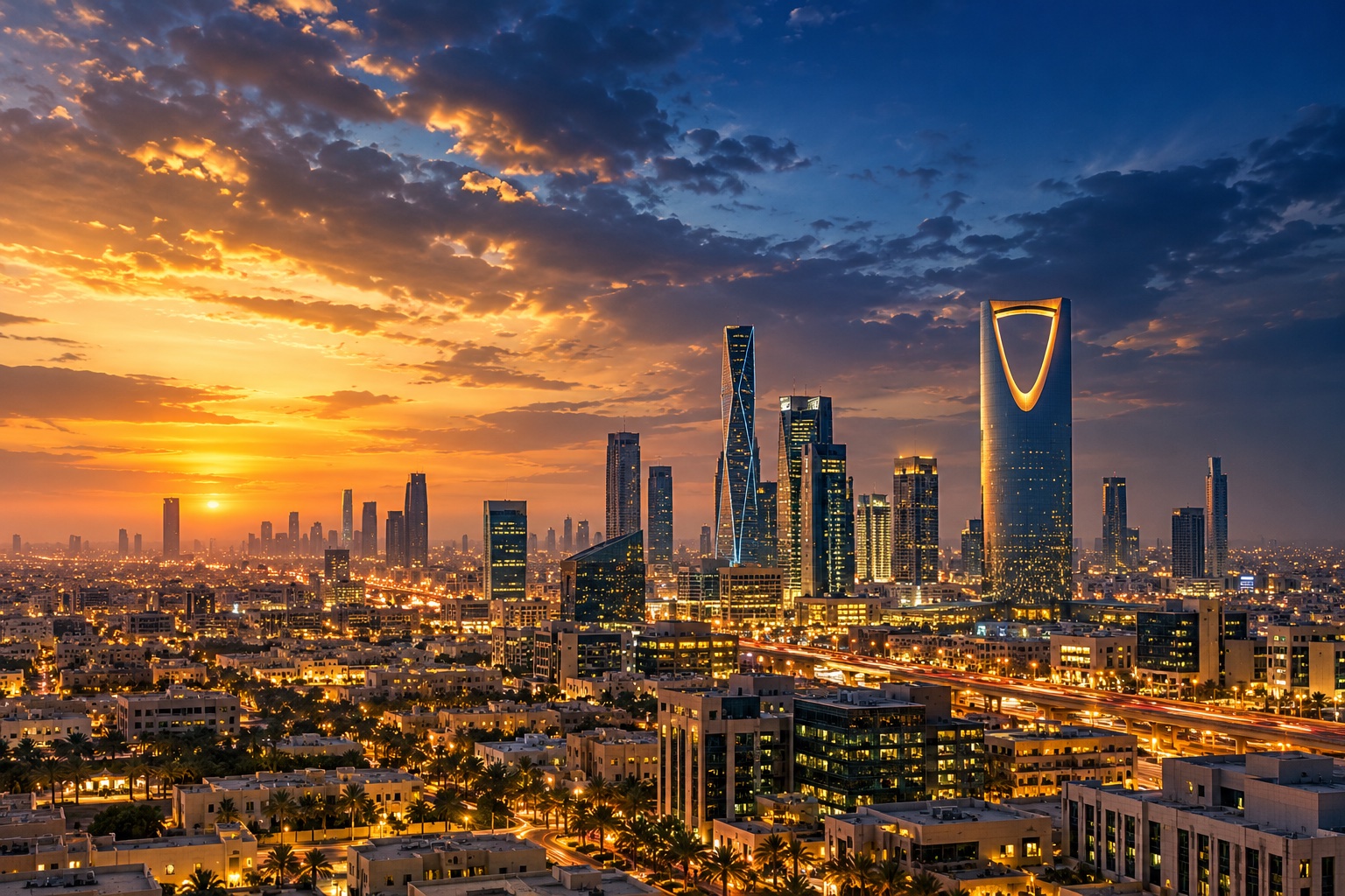 أفق مدينة الرياض وقت الغروب مع الغيوم