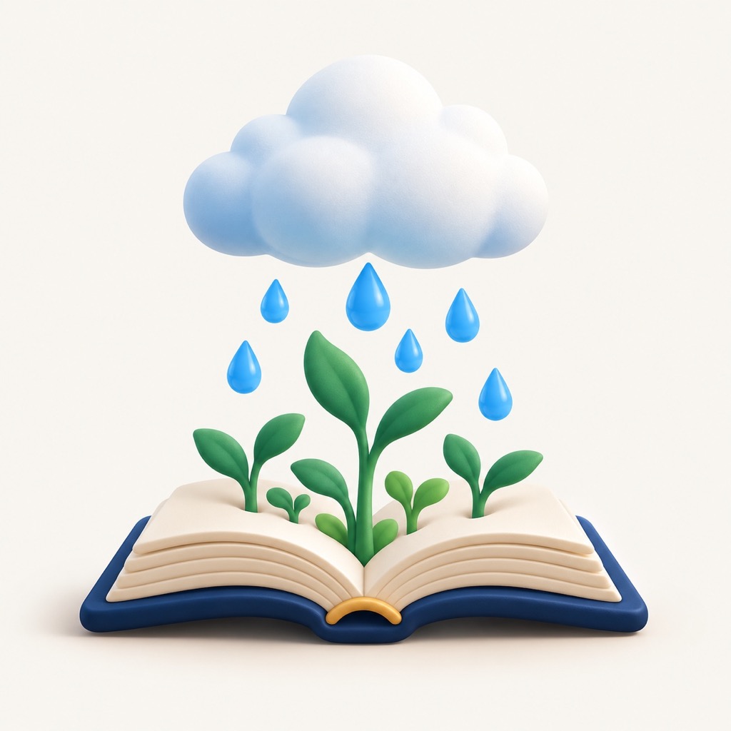 غيمة تمطر على كتاب تنبت منه براعم