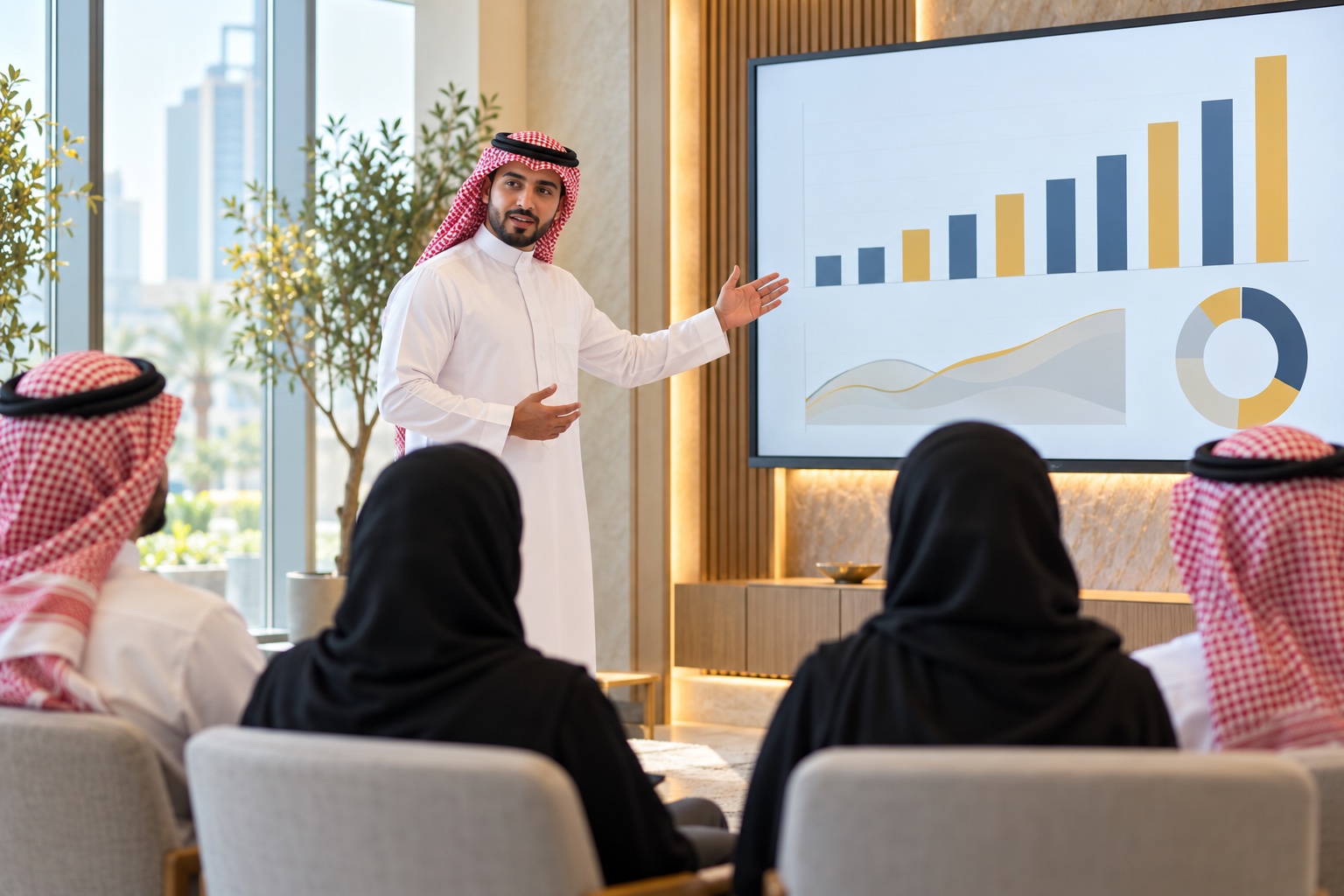 شاب سعودي يقدم عرضًا في ورشة أعمال